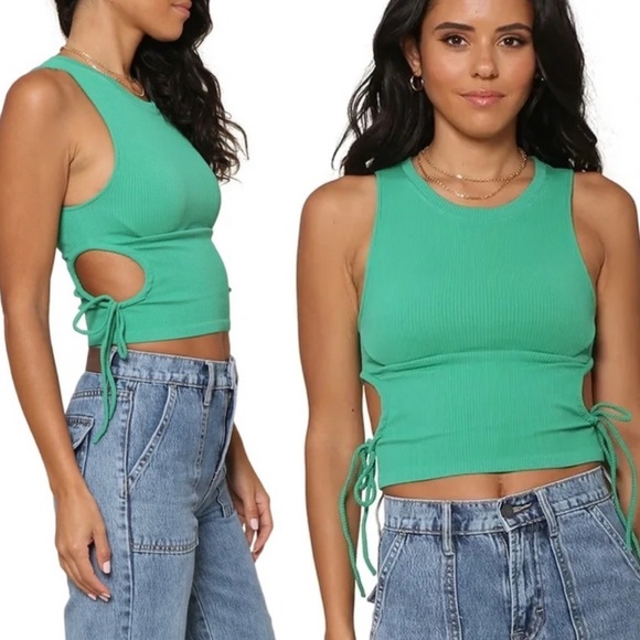 Zara Green Ribbed Ruched Side Cutout Tank - Picture 1 of 6